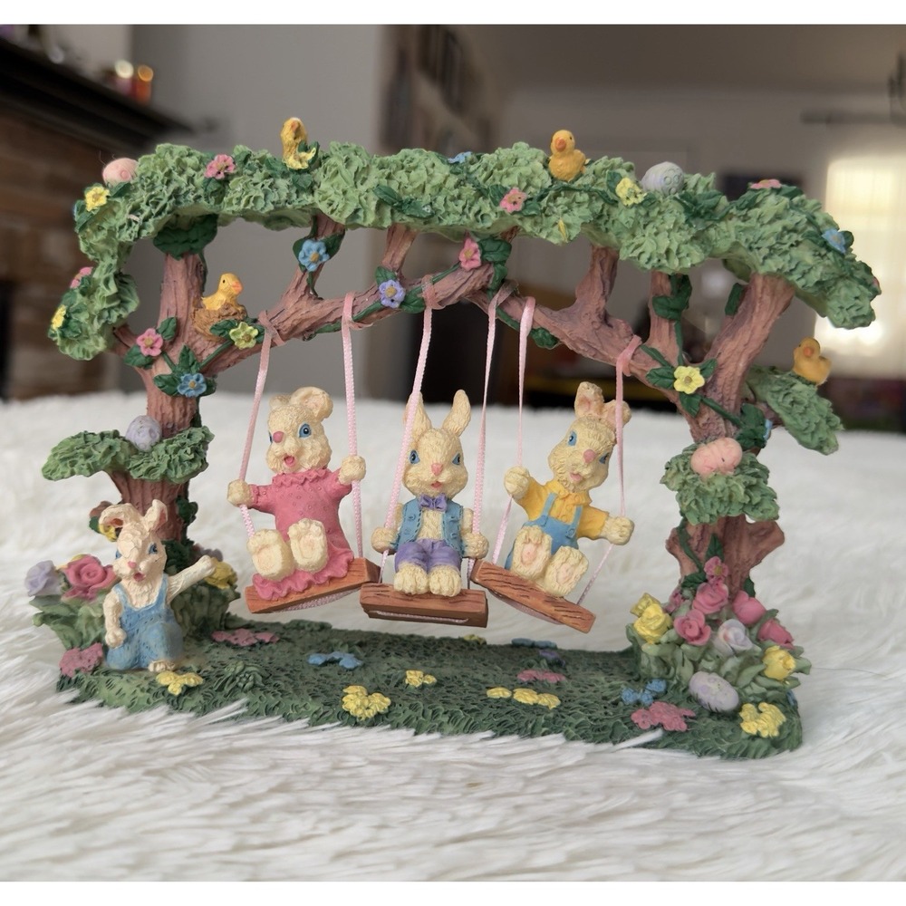 Vtg Easter Bunny Rabbit Swing Under Tree Resin Figurine Painted 3D Multicolor